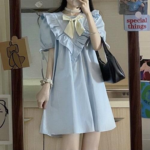 Korean Fashion Elegant Kawaii Dress Women Japanese Casual Party Mini Dress Summer 2021 Bow Puff Sleeve College Style Sweet Dress