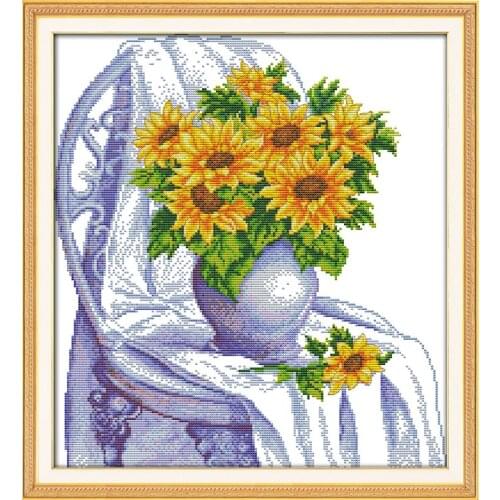 Chair With Sunflowers Cross Stitch Kits 14CT White Canvas 11CT Accurate Printed Embroidery DIY Handmade Needle Work Home Decor