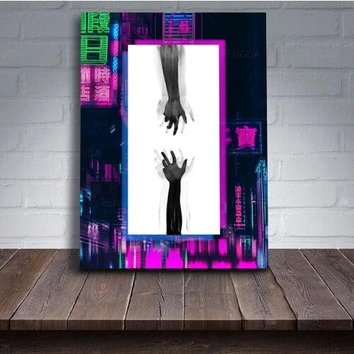 Wall Art Hand in Hand Canvas Painting Neon Light Poster Prints Modular Retrowave Pictures Home Decoration For Living Room Frame
