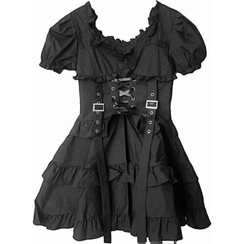New Gothic Bondage Lolita Black A Line Long Sleeve Dress Cosplay Harajuku Dark Metal Witch Dress New Goth