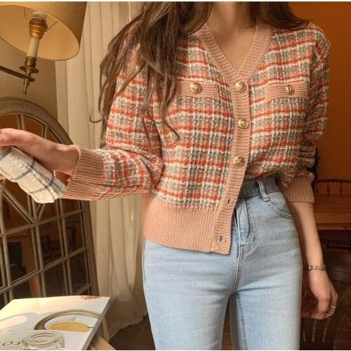 Pink cardigan womens sweaters korean crop Knitted sweater black autumn tops short sleeve v neck short cardigan Harajuku fall tee