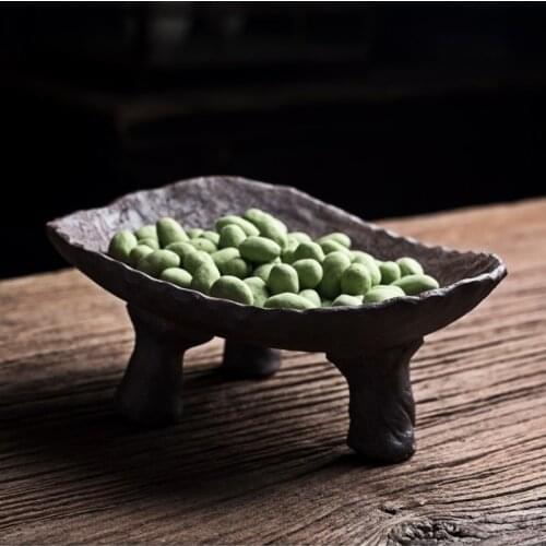 Japanese Art Retro Stoneware Fruit Snack Plate Simple Living Room Office Ceramic Dried Fruit Melon Seed Snack High Plate Single