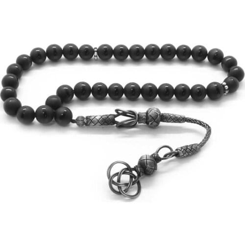 Tesbihane 1000 Sterling Silver Kazaz Tassels Sphere Cut Onyx Natural Stone Rosary