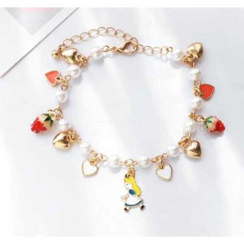 Sweet Lolita Girl Jewelry Accessories Strawberry Heart Pendant Pearl Chain Bracelet D160