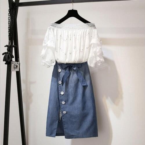 Summer sets fashion effort two-piece word shoulder drain shirt lacing skirt suit goddess van high quality women elegant Sequin