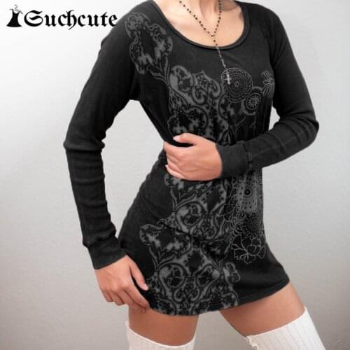 SUCHCUTE Grunge Print Women Bodycon Dress Autumn Long Sleeve Slimming Party Mini Dresses Goth Aesthetic Vintage Lady Y2K Dresses