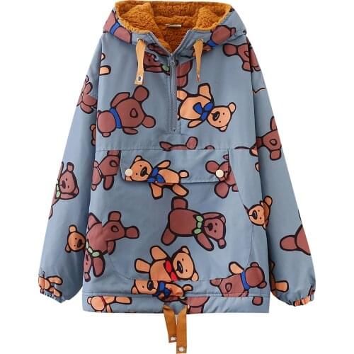 Japanese Soft Girl Cute Full Print Bear Coat Retro Loose Hooded Thick Lamb Wool Coat Pullover Cotton Student Parkas