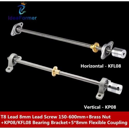 1 Set T8 Trapezoidal Lead Screw 150-600mm+Brass Nut+KP08/KFL08 Bearing Bracket+5*8mm Flexible Coupling For 3D Printer Parts