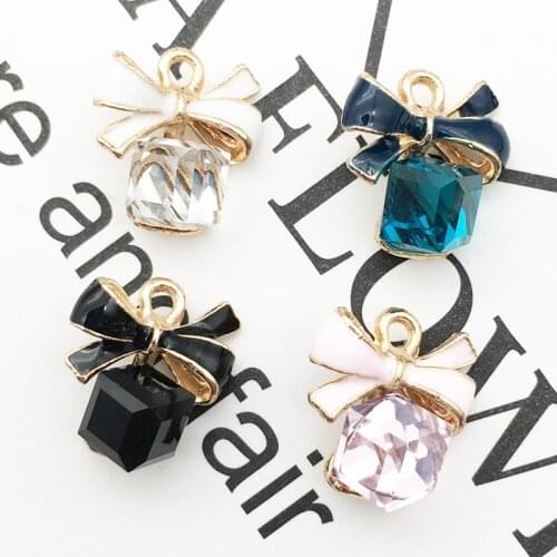 10pcs Cute Bow Tie With Square Crystal Enamel Charms Alloy Drop Oil Pendants Bracelets Earring DIY Accessories Hair Fits YZ040