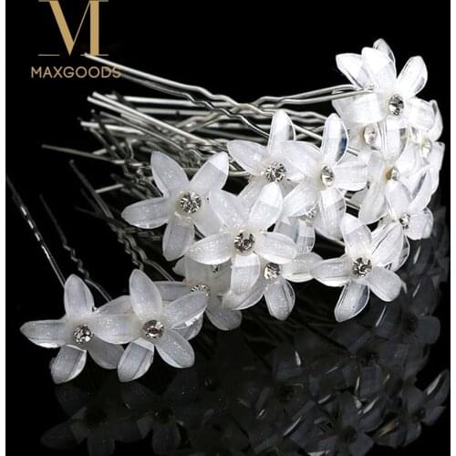 20pcs/set White Flowers Hairpin Stick Wedding Women Bridal Crystal Flowers Hairpin U Shaped Hair Clip Hair Accessories Wholesale