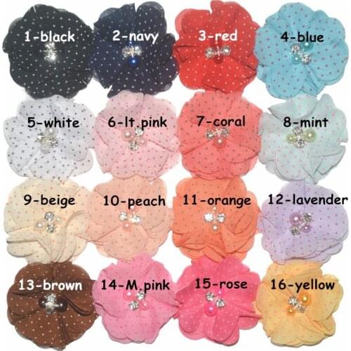 30 pcs/ lot , 5.5 cm chiffon flower with pearl and rhinestone , shabby chiffon flower for apparel hair accessories headwear