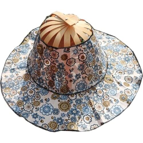 Bamboo Foldable Hand Fan Sun Hat Women Sunhat Hat with 2 in 1 Foldable Chinese Style Bamboo Frame Floral Printed