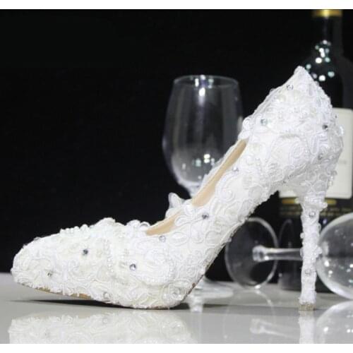 White Lace Flower Almond Shaped Toe Wedding Dress Shoes Bridesmaid Shoes Bridal Shoes Banquet Evening Party Prom Princess Shoes