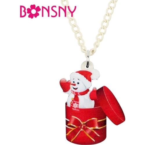 Bonsny Acrylic Christmas Sweet Gift Box Snowman Necklace Pendant Chain Festival Decoration Choker Lady Girl Teen New Charms Gift