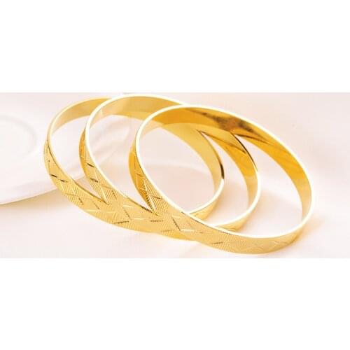Bangle Dual Textured Striped 9k Yellow colour Gold Fine Solid Wide Statement Bracelet Ladies Size 3 pcs Combination Wholesale