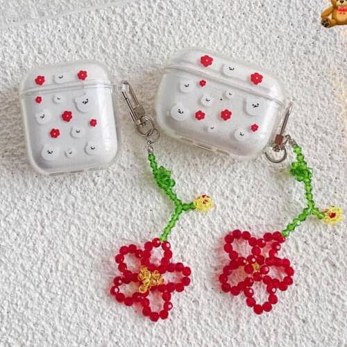 Cute Bear Glitter Earphone Cases For Apple Airpods 2 Pro Case Soft TPU Clear Cover with Flowers Beads Keychain For Air Pods 3 1