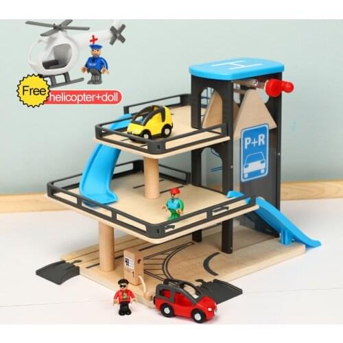 Wood Automobile Rail Car Childrens Parking Lot Toys Small Garage Three-dimensional Multilayer Boy