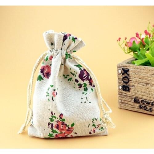 10x14cm Floral Cotton Bag 50pcs/lot Drawstring Gift Bags Wedding Christmas Party Packaging Linen Pouches Candy Pouch Wholesale