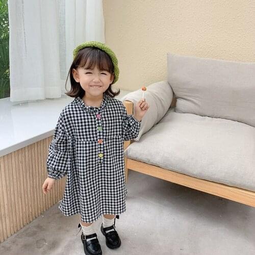 Korean Style Toddler Girl Spring Plaid Tutu Dress Colorful Button Kids Girls Long Sleeve Dresses Baby Fashion Girls Clothes