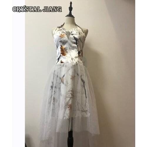 Short White CAMO Bridesmaid Dresses Floral High Low Country Wedding