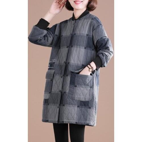 Winter Long Coats Women Loose Casual Jackets New 2020 Korean Style Vintage Plaid Female Thick Cotton Warm Outerwear Coat P1176