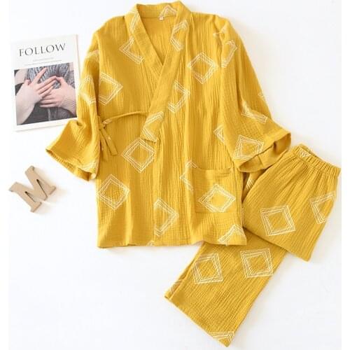 Summer Kimono Cotton Crepe Couple Pajamas Long-Sleeved V-Neck Kimono Pyjamas Diamond Pattern Printing Sleepwear Home 2 Piece Set