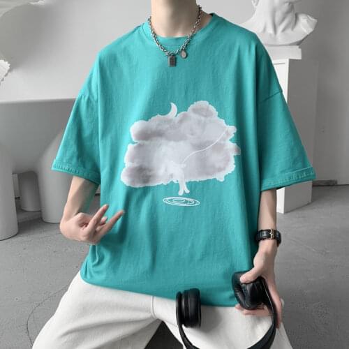 Summer Cotton Short-sleeved T-Shirt Mens Loose Round Neck Bear Print Shirt Korean Fashion Harajuku Oversized Harajuku Tops