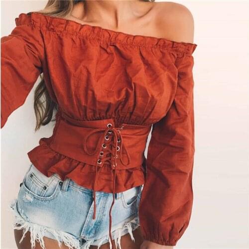 Fashion Womens Off Shoulder Tops Long Sleeve Shirt Casual Blouse Corset Tops Long Sleeve Shirt Casual Blouse
