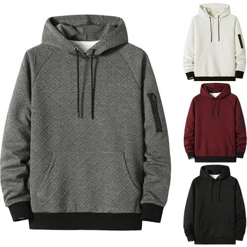 Mens Hooded Sweatshirt Long Sleeve Padded Pullover Plaid Hoodies With Pocket and Drawstring Casual Thick Tops