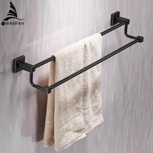 Modern Style Towel Bars Wall-mounted Solid Brass Bath Towel Bar Square Bathroom Double Rail Towel Rack Hardware set Black 92511