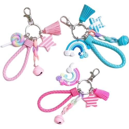 New Lovely Cute Rainbow Key Chain Leather Strap Braided Rope Tassel Keychain for Women Girl Bell Star Lollipop Bag Accessories