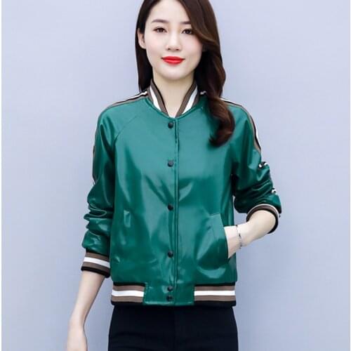 New 2021 Autumn Harajuku Soft PU Faux Leather Bomber Jacket Women Classic Green Jacket Ladies Tops Basic Coat Outerwear Clothes