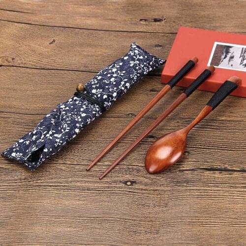 Portable Tableware Wooden Cutlery Sets With Useful Spoon Chopsticks Travel Gift Dinnerware Suit With Cloth Bag #50g