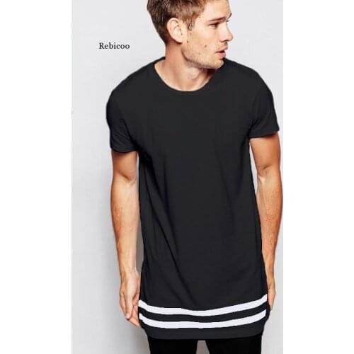 Streetwear Men t Shirt Extended Longline Hipster t Shirt Men Stripes t Shirt Homme Long Line t Shirt with Striped Hem