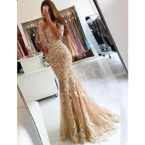 Elegant V-Neckline Cap Sleeve Lace Appliques Tulle Mermaid Evening Gown 2019 Floor Length vestido de fiesta Long Prom Dress