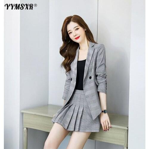 High Quality Elegant Womens Skirt Suit 2-piece Suit 2021 Spring and Autumn Casual Slim Ladies Jacket + High Waist Pleated Skirt