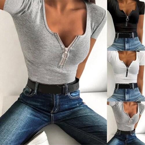 Womens Top Summer T-Shirt Zipper Short Sleeve Slim T Shirts Womens Clothing 2021 Casual Solid Color Y2K Ropa Mujer Kawaii Tops