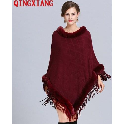 5 Colors Women Fur Neck Capes Striped Jacquard Poncho 2019 Winter Faux Fox Fur Tassel Triangle Sweater Plus Size Pullover Coat