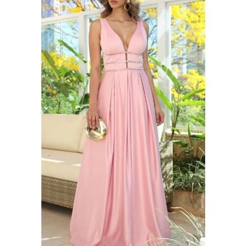 2021 Pink Long Satin Crystals V Neck Prom Dresses Spaghetti Straps Sleeveless Backless Formal Evening Party Gowns Robe De Soiree