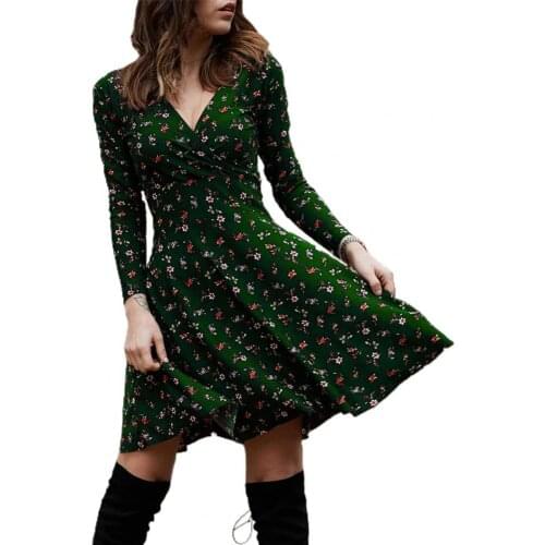 Women Deep V Neck Long Sleeve Waist Tight Large Hem Floral Print Mini Dress