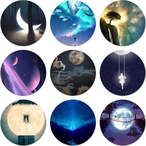 58mm Glowing moon and sun tech Icons Pins Badge Decoration Brooches Metal Badges For Backpack Decoration