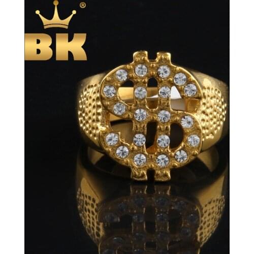 Gold Color Stainless Steel Dollar Sign Ring Hiphop Rock Style Clear Stone Bling Ring Fashion Charm Men Rapper Band Jewelry