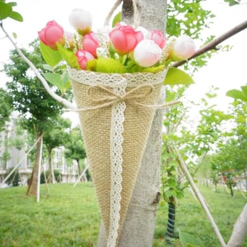 10pcs/lot burlap jute Hessian Pew Cone Flower Holder Organizer jungle party rustic vintage wedding decoration centerpieces
