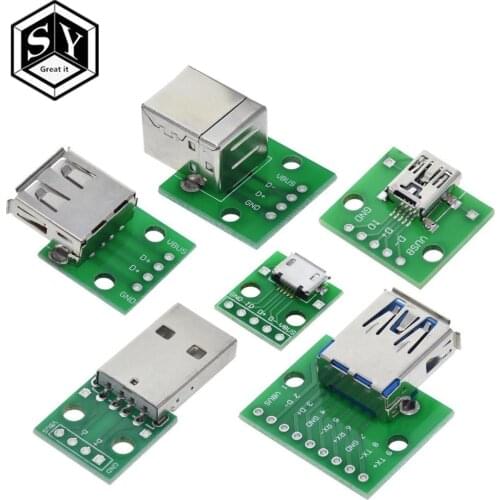 10PCS USB Male Connector / MINI MICRO USB to DIP Adapter 2.54mm 5pin Female Connector B Type USB2.0 Female PCB Converter USB-01