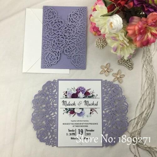 100Pcs Flower design wedding cards invitation with Pearl envelopes Glitter ribbon small card RSVP Card free printing for party