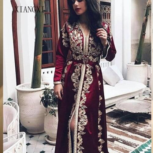 2020 bourgogne caftan marocain robes de soirée manches longues dentelle Appliques robe musulmane arabe musulman formelle robes