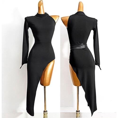 2020 New One Side Long Sleeve Design With Belt Latin Dance Dress Women Dancing Performance Dress Ballroom Samba Tango W637