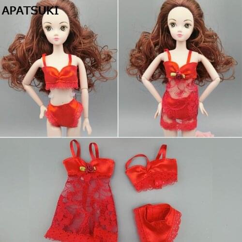3pcs/set Sexy Red Fashion Clothes For Barbie Doll Pajamas Lingerie Nightwear Lace Night Dress + Bra + Underwear Clothes