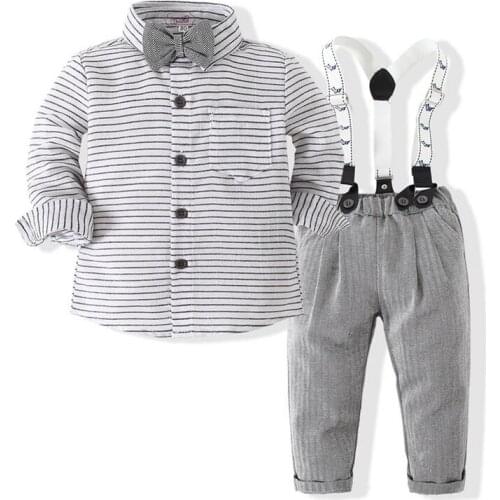 Toddler Suit Cotton Baby Boy Clothes Spring Newborn Baby Sets Infant Clothing Gentleman Suit Plaid Bow Shirt + Suspender Trouser