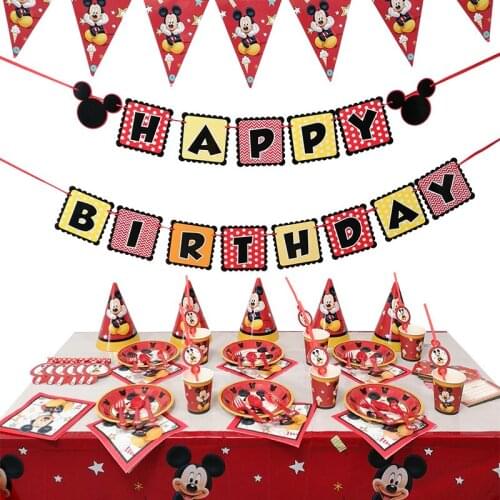 Disney Mickey Mouse Birthday Party Decoration Supplies Disposable Tableware Plate Fork Spoon Hat Childrens Birthday Party Gifts